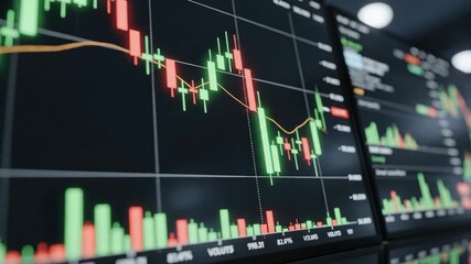 Animated stock market chart showing a financial crash. Close-up of a candlestick graph with trading data and indicators on a screen. Financial crisis and investment volatility concept - Powered by Adobe