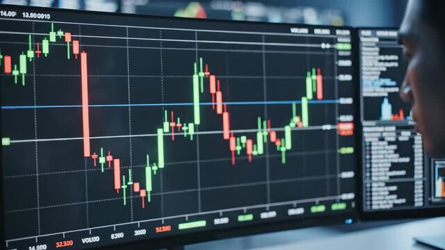 A financial trader analyzing a real-time stock market chart on a computer monitor. Professional broker monitoring investment data and candlestick graphs. Finance and technology concept