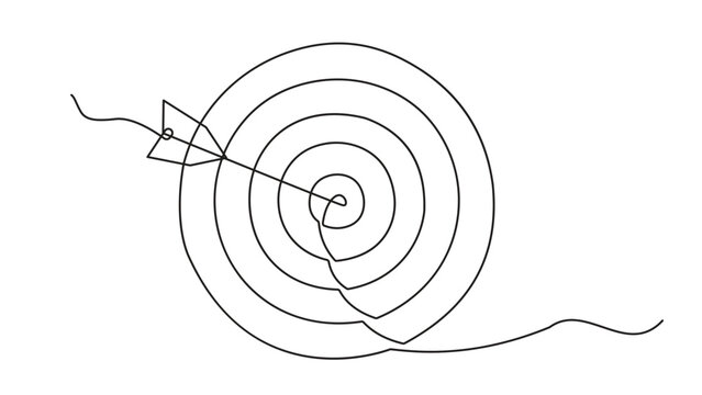 Continuous one line drawing of arrow in center of target. Single line art minimalist hand drawn vector illustration