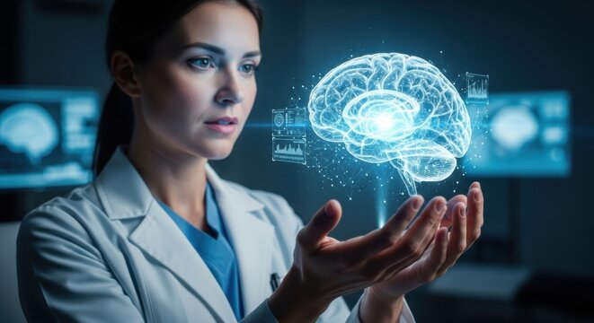 Cutting-edge neurologist analyzing holographic brain scan, unlocking secrets of the mind in a modern lab for medical breakthroughs and advanced research