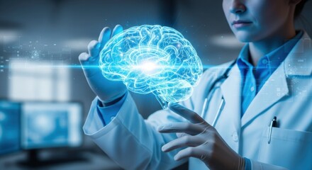 Innovative doctor analyzing holographic brain scan for breakthrough neurological research and treatment, pushing boundaries in modern medical technology