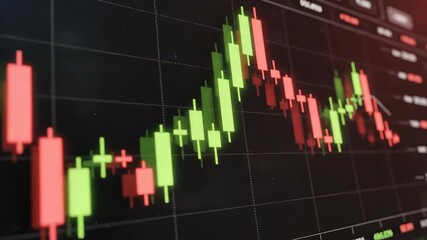 Close-up of a financial candlestick chart on a digital screen. Stock market graph shows price volatility with green and red candles. Trading, investment, and economic data analysis - Powered by Adobe