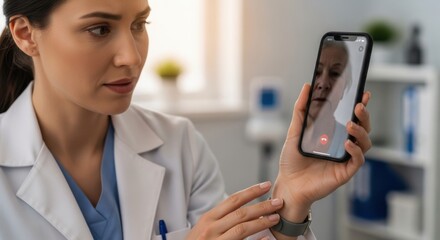 Doctor using telehealth to connect with senior patient on smartphone for remote consultation and care, offering convenience and peace of mind during recovery