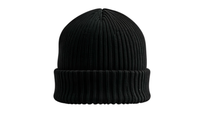 A close-up studio shot of a solid black ribbed knit beanie hat against a dark background
