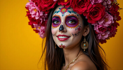 Vibrant Day of the Dead Woman Smiling in Sugar Skull Makeup on Yellow