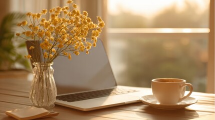A laptop and a cup of coffee sit on a wooden table with a vase of yellow flowers in front of them. Concept of relaxation and productivity, as the laptop and coffee suggest work or study
