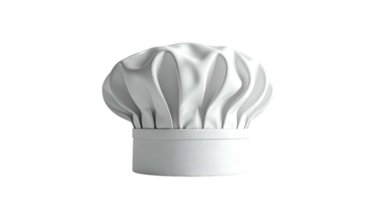 A classic white, pleated cooking hat isolated against a black background