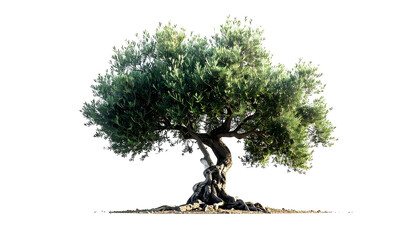 Solitary, mature tree with gnarled trunk, lush green foliage, and exposed roots