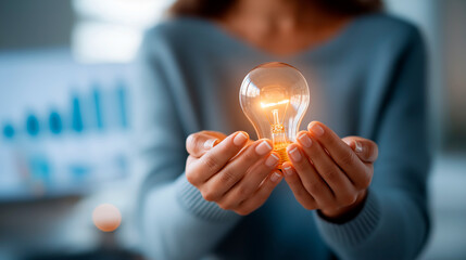 Hands presenting brand strategy presentation with lightbulb positioning concept creative differentiation digital marketing narrative slides visible on screen face not shown