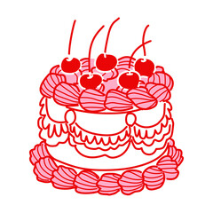 Charming pink cherry cream cake illustration vintage bakery dessert art coquette aesthetic kawaii sweet confectionery design romantic patisserie style elegant line art