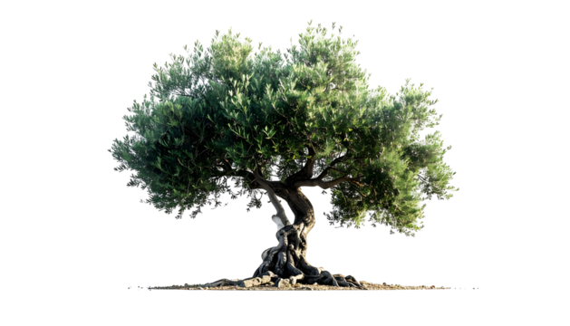 Solitary, mature tree with gnarled trunk, lush green foliage, and exposed roots - Powered by Adobe