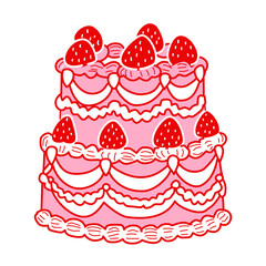 Whimsical two tier pink strawberry cake illustration vintage bakery dessert art coquette aesthetic kawaii sweet confectionery design romantic patisserie style