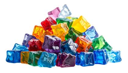 A vibrant pile of multi-colored, translucent, cube-shaped objects, arranged in a pyramid
