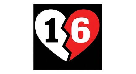 Heart divided number sixteen white and red split graphic symbol digital art