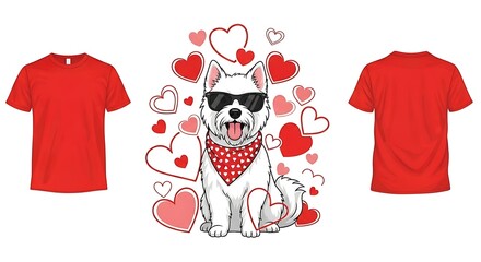 Cute dog in sunglasses and bandana with hearts for valentine's day t-shirt design