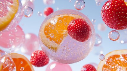 Vibrant citrus and berry infusion in fizzy water against blue sky