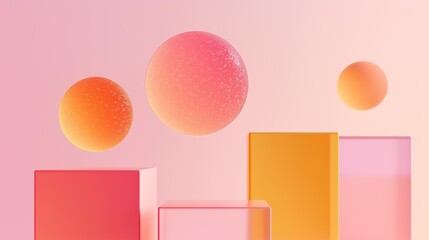 Modern geometric abstract design with floating pink and orange spheres