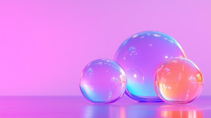 Vibrant gradient glass spheres on reflective surface against pink background