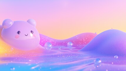 Adorable pastel bear in dreamy liquid landscape with glowing colors and bubbles