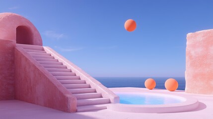 Serene pink architecture with pool and floating orbs by the sea