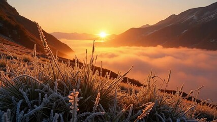 Golden sunrise illuminates misty mountain valley, highlighting frosted grass on a crisp morning. - Powered by Adobe