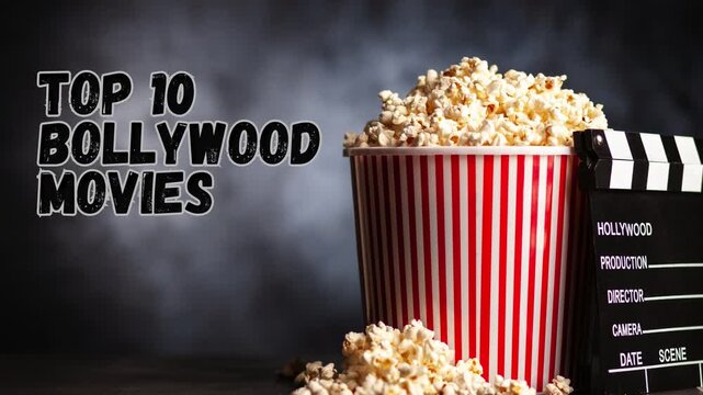 top 10 Bollywood movies animated text video on movie icon and popcorn background for advertisement, 