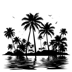 Silhouette tropical island with palm trees and birds vector illustration