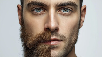 Striking image showcasing split face, one side featuring full beard and other side clean shaven, highlighting contrasting styles and expressions