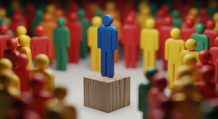 Unique blue figure stands tall above colorful crowd on podium symbolizing leadership