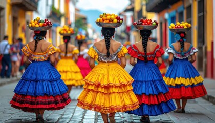 Women wearing bright traditional dresses walking in Latin street parade carrying fruit bowls symbolizing culture celebration and unity in colorful atmosphere