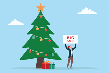 Vector illustration of a businessman wearing a santa hat holding a big sale sign beside a decorated christmas tree with gift boxes, symbolizing holiday discounts, festive promotion, christmas shopping