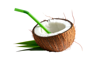 Half coconut filled with white liquid, green straw inside. Green leaf and droplets