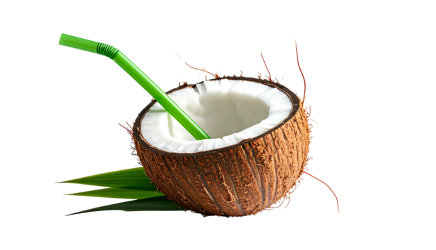 Half coconut filled with white liquid, green straw inside. Green leaf and droplets