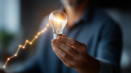 Faceless marketer analyzing influencer ROI with lightbulb optimization insight creative campaign measurement digital partnership performance analytics defocused behind with cop