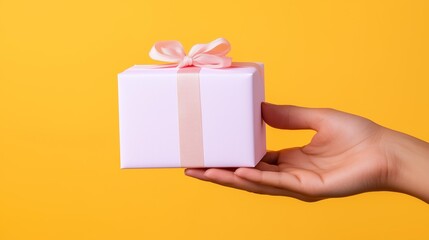 Hand holding pink gift box with ribbon against vibrant yellow background