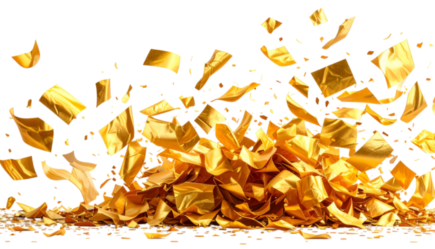 Floating gold foil squares cascade downward, creating a celebratory burst against a black background