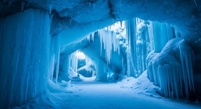Spectacular Ice Cave Interior with Frozen Icicles and Snow Landscape