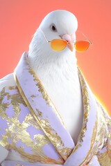 Stylish pigeon in sunglasses and luxurious robe against vibrant background