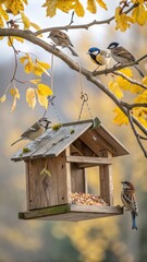 Sparrows and great tit on a branch with yellow leaves near a birdhouse