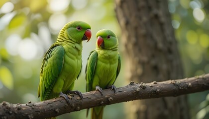 beautifull green parrots sitting on the branch of a tree
