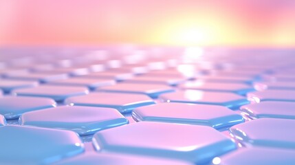 Futuristic hexagonal surface with soft sunrise glow in pastel gradient hues