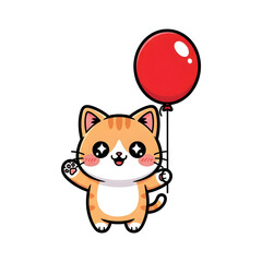 Happy cartoon cat holding a red balloon isolated on white background