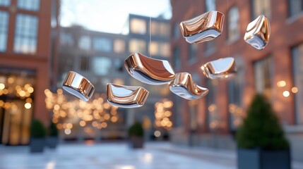 Floating metallic sculptures in urban courtyard with soft bokeh and warm lighting