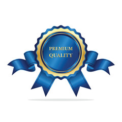 Premium quality blue and gold rosette with ribbon isolated on white background. satisfaction guaranteed badge vector illustration.