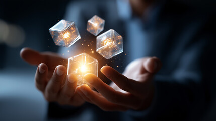 Hands manipulating 3D holographic data cubes with central lightbulb analysis concept creative business intelligence digital metrics exploration suit visible face defocused with