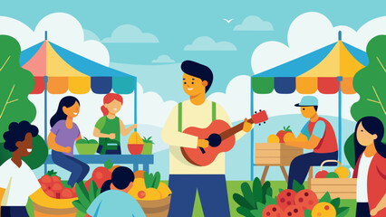 A lively farmers market scene with a musician playing guitar amidst vendors and customers enjoying fresh produce and a sunny day