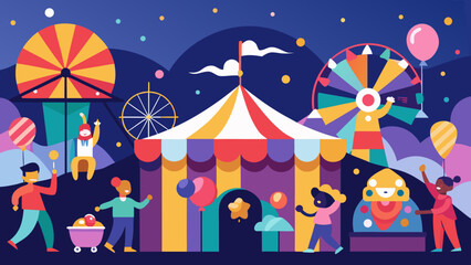 A whimsical carnival at night with colorful tents, ferris wheel, and joyful people enjoying rides, balloons, and the festive atmosphere