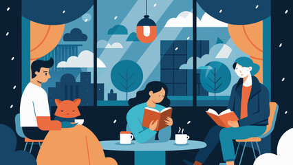 Cozy rainy day scene with people reading books and drinking coffee indoors, with a view of a cityscape through the window, creating a warm atmosphere