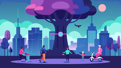 Vibrant cityscape with people enjoying a park under a large tree, featuring modern buildings and a colorful sky, creating a lively atmosphere