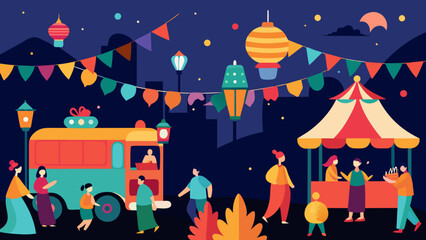A vibrant autumn festival scene with colorful flags, lanterns, and a decorated bus, creating a festive atmosphere at night with people enjoying